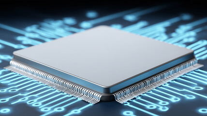 A modern computer processor chip placed on a circuit board, representing high performance computing, data processing and advanced technology infrastructure.
