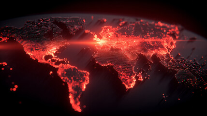 A red illuminated world map made of digital points, representing global cyber attacks, data security risks and worldwide digital conflict.
