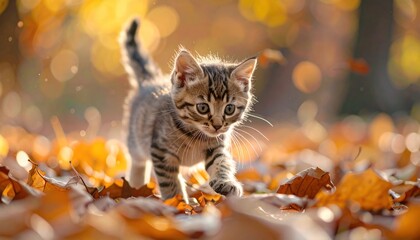 Adorable tabby kitten exploring autumn leaves in a vibrant forest.
