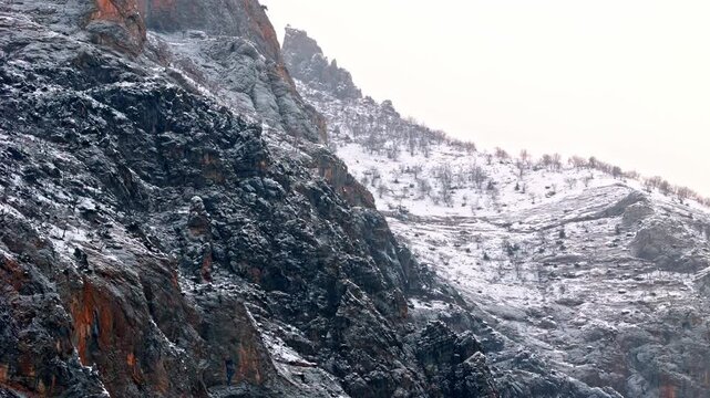 A dramatic aerial view of snowy rocky cliffs and rugged winter mountain terrain in Munzur Valley. Ideal for nature, geography, winter landscapes and cinematic drone footage.