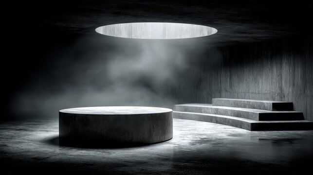Modern concrete room with a circular platform and tiered steps under a skylight interior