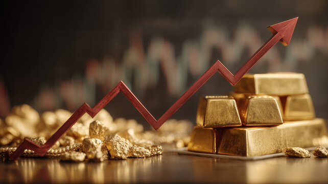 Stacked gold bars with an upward arrow illustrating gold price growth, investment performance and financial success concept.
