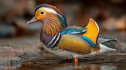 colorful mandarin duck standing in shallow water with droplets on its feathers