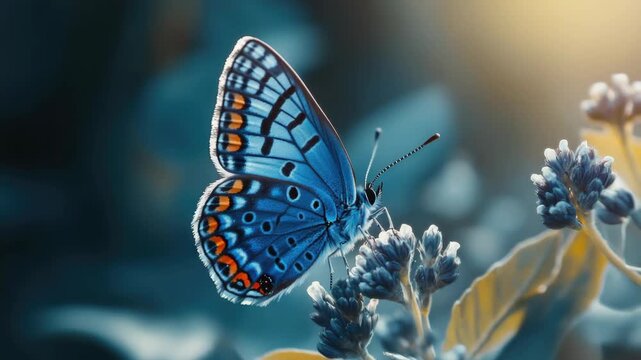 A blue morpho butterfly perched on lavender flower buds in a natural environment.