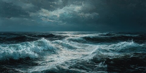 Fototapeta premium Dramatic Sea Storm Painting: Waves, Clouds, and Ocean Art 