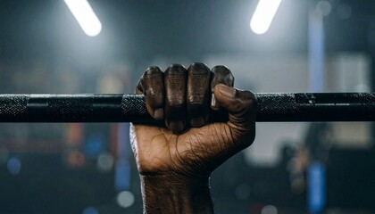 Close-up of a strong hand gripping a barbell in a gym.