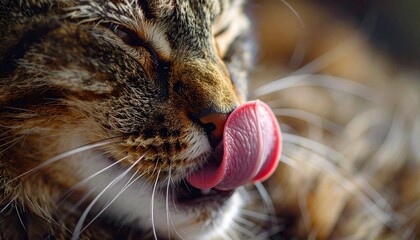 Close-up of a tabby cat licking its nose with its tongue.