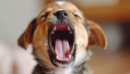 Close-up of a Yawning Chihuahua Puppy with Mouth Wide Open.