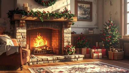 Cozy Christmas Fireplace Scene - A Warm and Festive Holiday Ambiance.