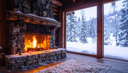 Cozy Winter Cabin Fireplace Scene with Snowy Forest View.