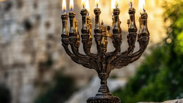 A traditional Hanukkah candelabra with eight candle holders, a symbol of the Jewish holiday and the lighting ritual.