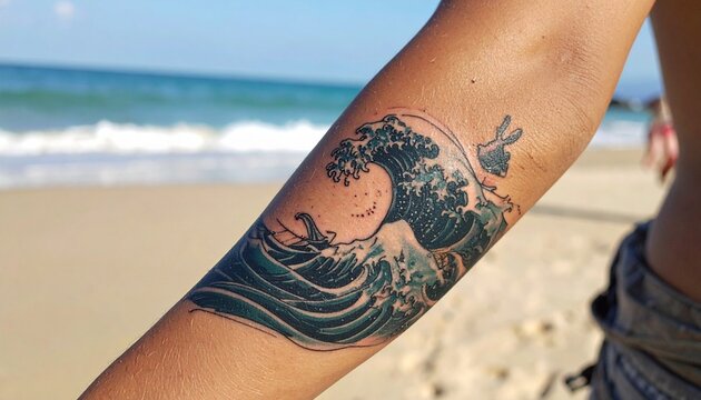 Ocean Wave Tattoo on Arm at Beach with Blue Sea.