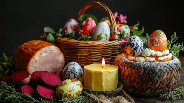 Colorful Easter decorations, traditional foods for a festive holiday meal.