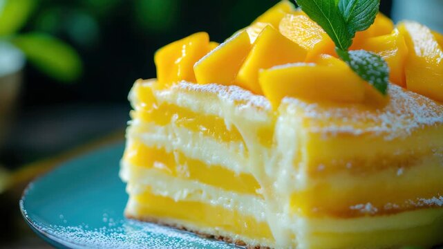 A delightful dessert with layers of creamy bread pudding and a topping of fresh mango, sprinkled with powdered sugar.