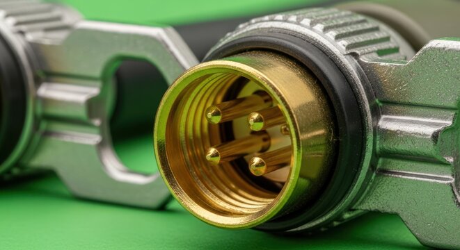 Close-up of industrial electrical connector with metallic housing and gold-plated contacts, precision engineering detail, clean green background, technology and power transmission concep