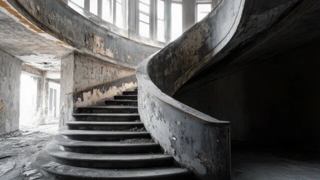 Dilapidated stairs in a building. Desolate and empty, the architecture shows signs of age and decay.