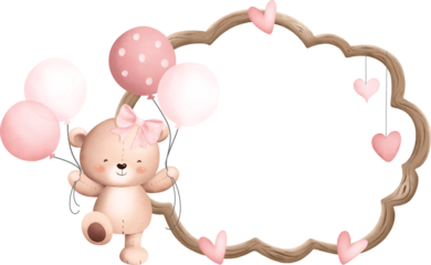 Cute teddy bear holding pink balloons next to a decorative wooden frame adorned with hearts, perfect for a baby shower or birthday.