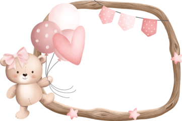 Cute teddy bear with pink balloons and banners in a rustic wooden frame, perfect for baby shower or birthday invitations.