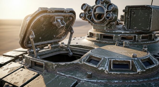 Close-up of a modern armored military vehicle turret with mounted optics and weapon systems, detailed metal textures, tactical design, and rugged battlefield-ready construction under daylight