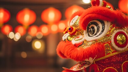 Close Up Chinese Lion Dance Head With Red Fur And Lantern Bokeh Background