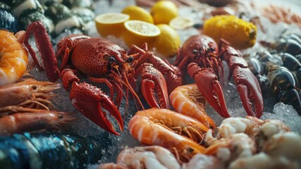 Close-up of fresh shrimp in ice, on display for sale at market.