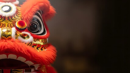 Close Up Traditional Chinese Lion Dance Mask With Red Fur And Gold Details