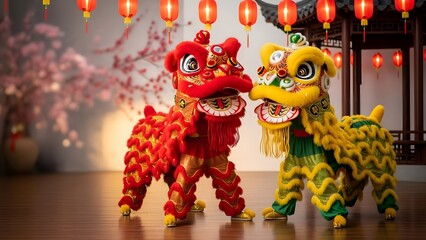 Two Traditional Chinese Lion Dance Costumes Performing Indoors With Festive Lanterns