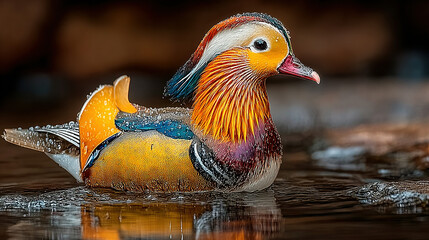 colorful duck with vibrant feathers swimming in water with droplets.