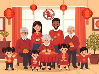 A diverse multi-generational family gathers together in a cozy living room decorated for a cultural celebration