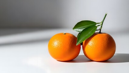 Two Fresh Oranges With Green Leaves On Clean Minimal Studio Background