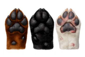Dog paws in different colors showing paw pads and fur, animal feet diversity and pet care concept, transparent background
