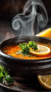 Steaming hot lentil soup in rustic clay bowl with lemon slice and parsley garnish vertical video (Vertical Video)