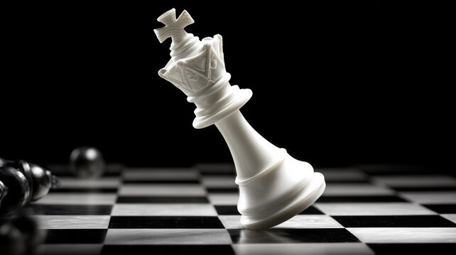 Fallen white chess king on a chessboard, representing strategic failure, leadership collapse and loss of control.
