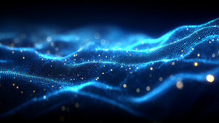 An abstract blue digital wave made of particles, representing data flow artificial intelligence and advanced computing concept.

