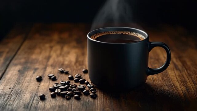 Close-up of coffee mug sitting on table with spilled coffee beans