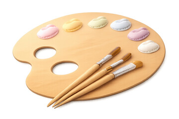Wooden artist palette holding pastel paints and three paint brushes, art supplies on transparent background