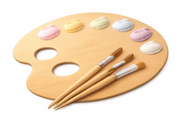 Wooden artist palette holding pastel paints and three paint brushes, art supplies on transparent background