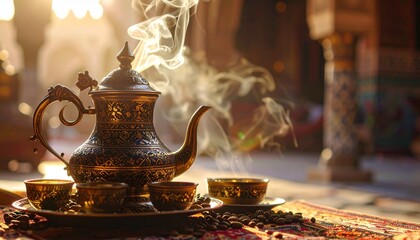 Exquisite Arabian Tea Set with Steaming Tea in Golden Light.