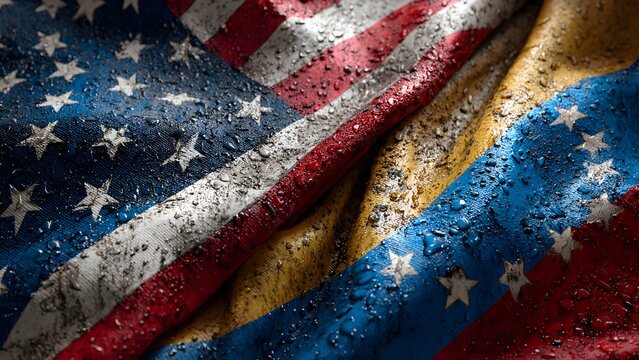 The United States and Venezuela flags together, intertwined, symbolizing relations 