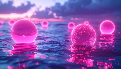 Glowing orbs floating on a tranquil, surreal ocean at dusk.