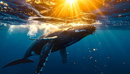 Humpback whale swimming in the ocean with sun rays shining through.