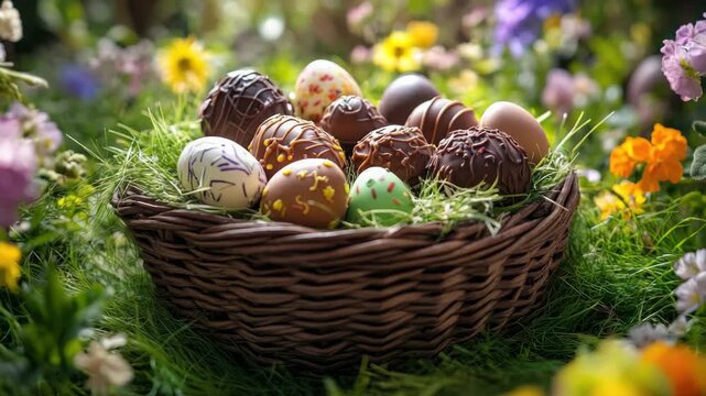 Basket of assorted chocolate candies for an Easter celebration. Egg-shaped candies in pastel colors, some with bunny designs.
