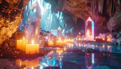 Mystical Cave Sanctuary - Candles, Crystals, and Reflections in a Hidden Grotto.
