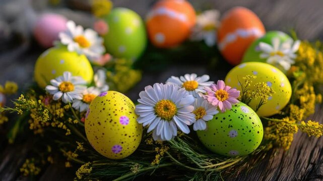 An Easter decoration made with colorful painted eggs and fresh daisies arranged in a natural circular pattern, symbolizing new life and joy.