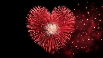 Spectacular heart-shaped red firework explosion with sparkling particles dark sky