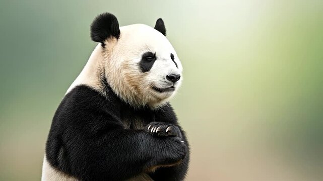 A close-up portrait of a panda bear in a serene natural setting.