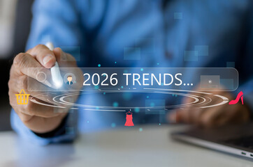 Human touching smartphone with virtual search bar 2026 Trends, fashion trends, concept for future business strategy, digital marketing, technology innovation and global economic forecast planning