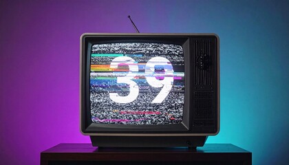 Vintage Television Displaying Static and the Number 39.