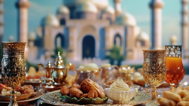 A lavish iftar feast at the Taj Mahal, featuring an array of traditional Indian cuisine served on gold plates. The Mughal architecture and vibrant colors create a festive atmosphere.