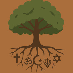 Tree with Interfaith Roots Symbolizing Deep Unity and Peace
